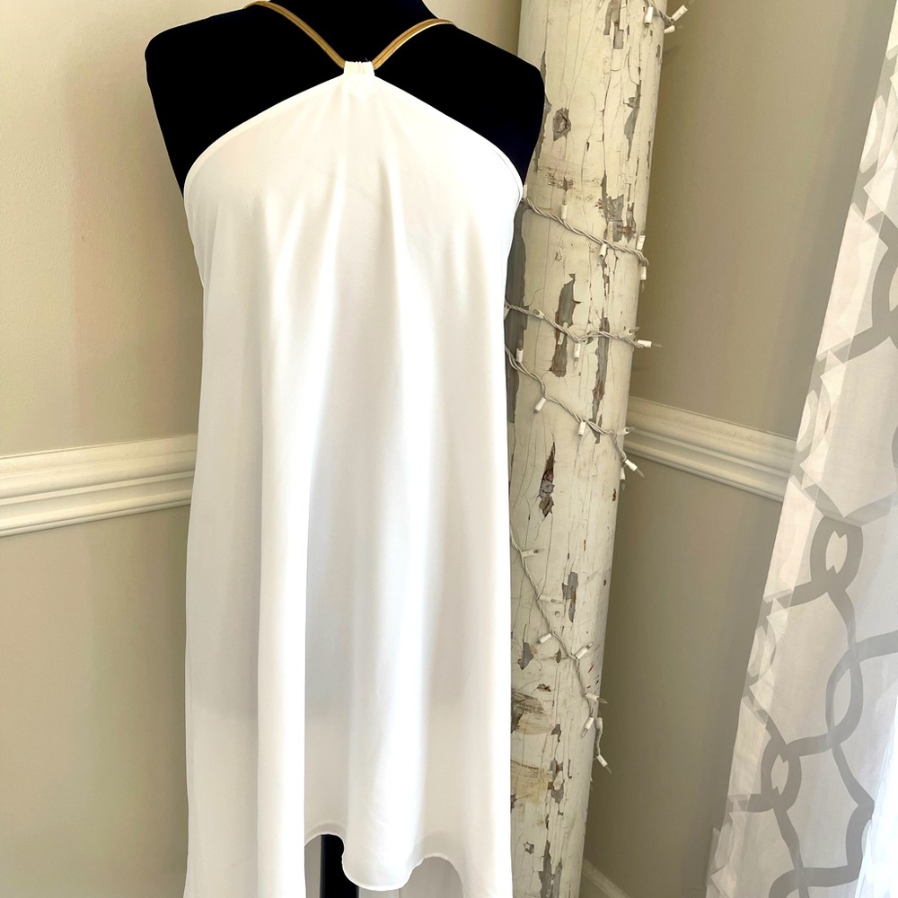 Express Goddess❤️‍🔥White High Low Gold Neck Glowy and Flowy Dress